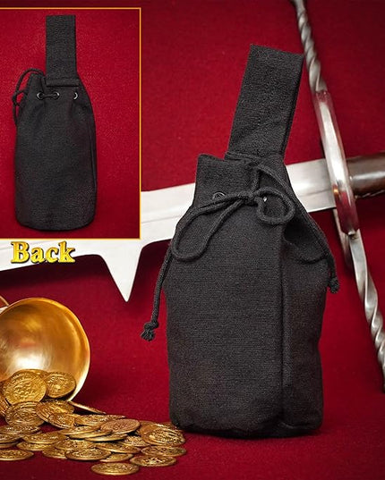 Mythrojan Drawstring Belt Pouch Renaissance Costume Accessories Jewelry Pouch Medieval Canvas Purse Viking Coin Waist Bag for LARP, Festivals, Renfaire, Reenactments - Black, 8" x 6.5"