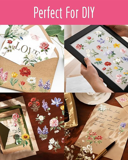 300 PCS PVC Flower Stickers, Self-Adhesive PVC Nature Floral Stickers for Scrapbook, Laptop, Journal, DIY Project, Spring Themed Party Decors