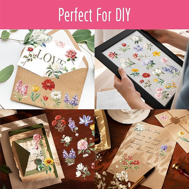 300 PCS PVC Flower Stickers, Self-Adhesive PVC Nature Floral Stickers for Scrapbook, Laptop, Journal, DIY Project, Spring Themed Party Decors