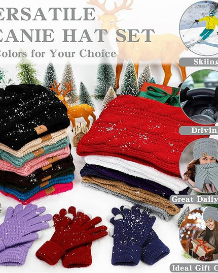 Winter Beanie Hat Scarf Gloves, Warm Fleece Knit Hats Touch Screen Gloves Neck Scarf Set Winter Gifts for Unisex Adult