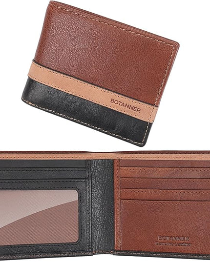 BOTANNER Genuine Leather Mens Bifold Wallet RFID Blocking 5 Credit Card Slots 1 ID Window 2 Sections for Bills 2 Additional Slots | Tan/Camel/Black