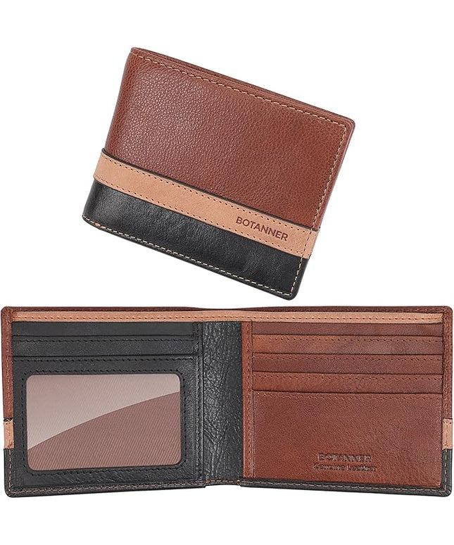 BOTANNER Genuine Leather Mens Bifold Wallet RFID Blocking 5 Credit Card Slots 1 ID Window 2 Sections for Bills 2 Additional Slots | Tan/Camel/Black