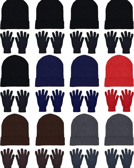 24x Winter Beanies & Gloves Combo Pack, Bulk Pack for Men Women, Warm Cozy Gift