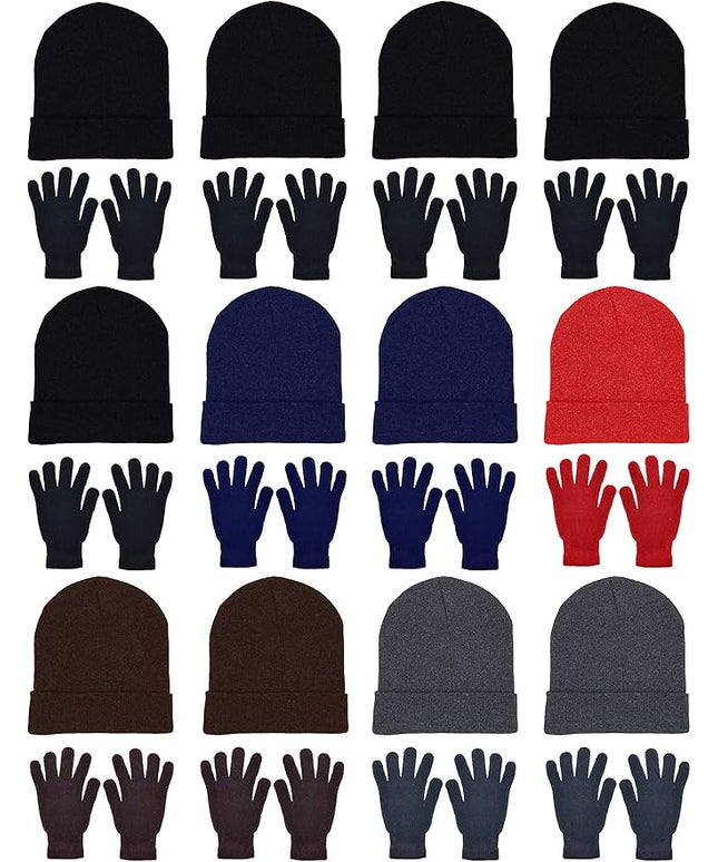 24x Winter Beanies & Gloves Combo Pack, Bulk Pack for Men Women, Warm Cozy Gift