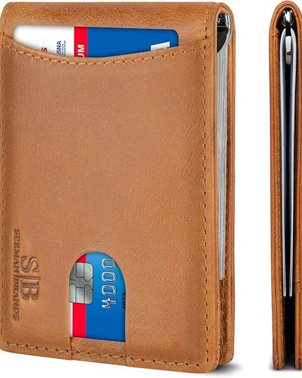 SERMAN BRANDS RFID Blocking Slim Bifold Genuine Leather Minimalist Front Pocket Wallets for Men with Money Clip Thin Mens