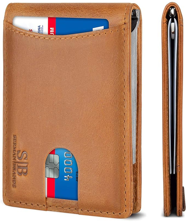 SERMAN BRANDS RFID Blocking Slim Bifold Genuine Leather Minimalist Front Pocket Wallets for Men with Money Clip Thin Mens