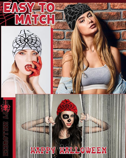 Toulite 12 Pieces Y2K Spider Web Beanie Gothic Graphic Beanies Outdoor Winter Warm Knitted Hat for Men Women