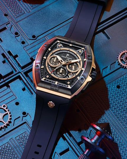 Paras Crown Watches for Men Tonneau 5ATM Waterproof Quartz Luxury Chronograph Analog Men's Wrist Watches Stainless Steel Case Mens Watches