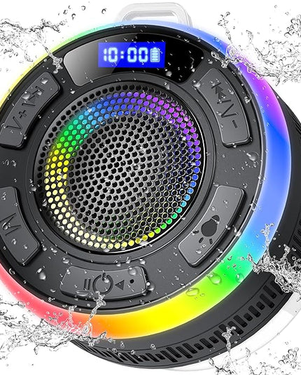 Shower Bluetooth Speaker IPX7 Waterproof, Portable Bluetooth Speakers with Suction Cup and Time Display, Crystal Sound&Bass LED Light 1100mAh, Wireless Shower Speaker for Outdoor/Kayak/ Gifts/Beach