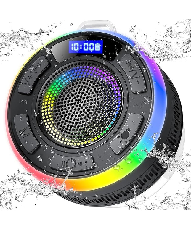 Shower Bluetooth Speaker IPX7 Waterproof, Portable Bluetooth Speakers with Suction Cup and Time Display, Crystal Sound&Bass LED Light 1100mAh, Wireless Shower Speaker for Outdoor/Kayak/ Gifts/Beach