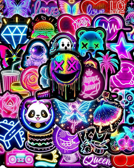 Neon Water Bottle Stickers for Kids, 70 Pcs Waterproof Vinyl Laptop Decals, Teens Girls Boys Adults Phone Case Skateboard Luggage Decor