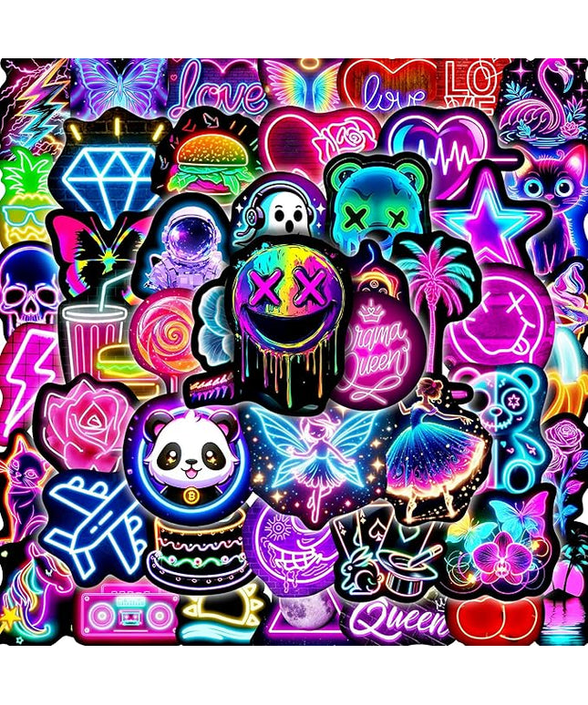 Neon Water Bottle Stickers for Kids, 70 Pcs Waterproof Vinyl Laptop Decals, Teens Girls Boys Adults Phone Case Skateboard Luggage Decor