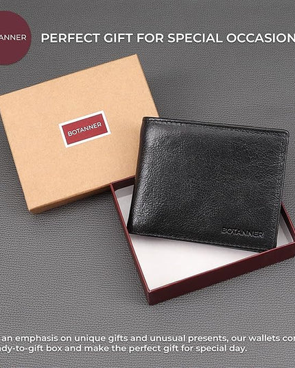 BOTANNER Genuine Leather Bifold Mens Slim Wallet RFID Blocking with 8 Credit Card Slots 2 Sections for Bills 2 Additional Slots | For Him (Black)