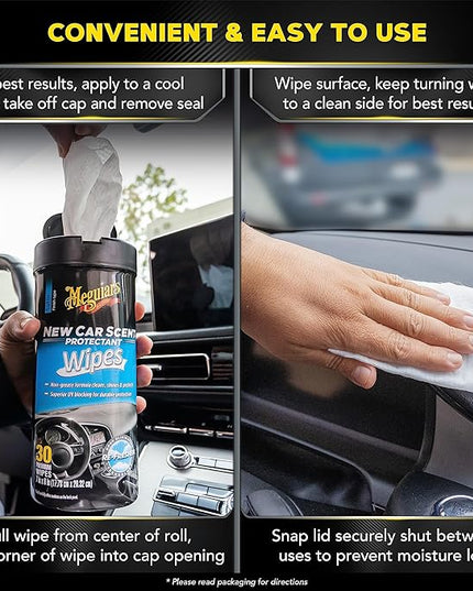 Meguiar's New Car Scent Protectant Wipes - Easy to Use Car Wipes that Protect and Freshen Your Car's Interior - Ideal for Car Detailing & Maintenance - 30 Ct