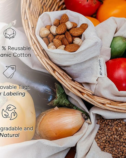 LEAFICO Muslin Cloth Bags with Drawstrings - Set of 8 (S, M, L, XL) - Reusable Natural Cotton Bags for Bulk Food Storage - Canvas Fabric Sachets