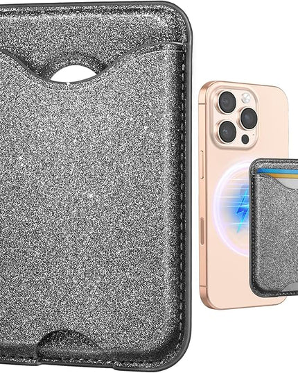 Shorogyt Compatible with Magsafe Wallet Magnetic Card Holder - Glitter Grey Phone Wallets for Women Teen Girls Fashion for iPhone 17/16/15/14/13/12 Series Slim for Apple Mag RFID Magnet, Fit 3 Cards