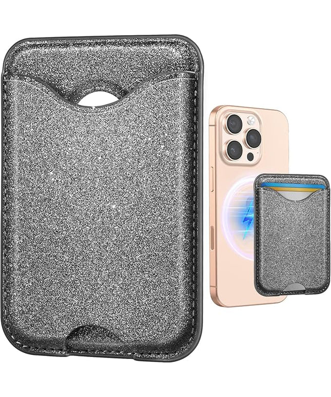 Shorogyt Compatible with Magsafe Wallet Magnetic Card Holder - Glitter Grey Phone Wallets for Women Teen Girls Fashion for iPhone 17/16/15/14/13/12 Series Slim for Apple Mag RFID Magnet, Fit 3 Cards