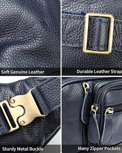 Genuine Leather Fanny Pack large capacity Crossbody Waist Bag with Zipper phone Pockets dark blue