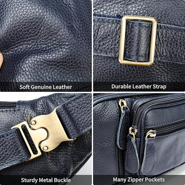 Genuine Leather Fanny Pack large capacity Crossbody Waist Bag with Zipper phone Pockets dark blue