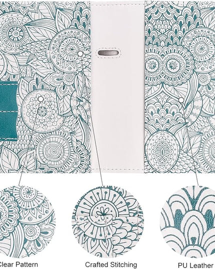 WALNEW Passport Holder for Travel, RFID Passport Cover Wallet for Women Men, PU Leather Passport Book Card Holder Case with Pen (Elastic Band Closure, D-Green Petals)