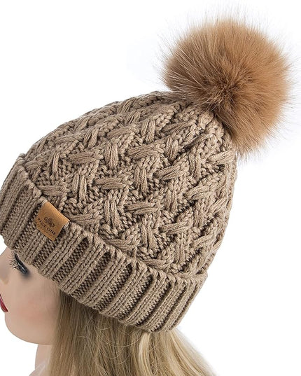 PAGE ONE Womens Winter Ribbed Beanie Crossed Cap Chunky Cable Knit Pompom Soft Warm Hat