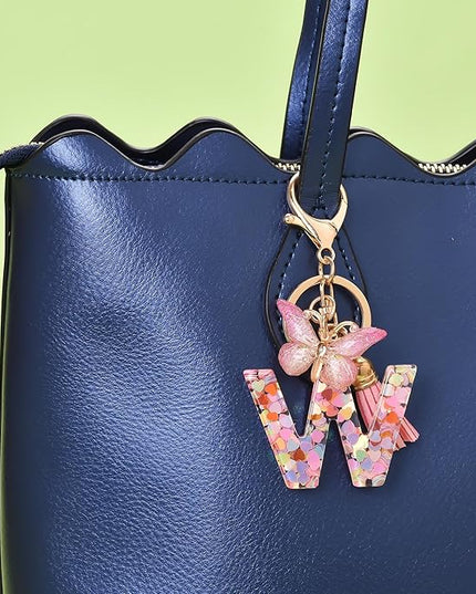 Fashion Alphabet Initial Letter Keychain Tassel Butterfly Pendant Key Ring for Purse Handbags Women Girl
