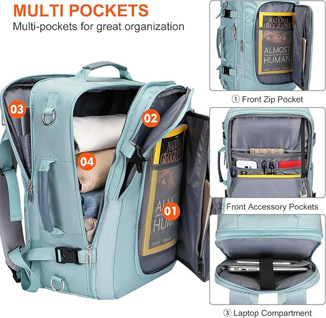 PIJUSHI Travel Backpack for Women Flight Approved Carry on Bag 16 inch Laptop Personal Item Daypack with Shoe Compartment(PE038 Blue)