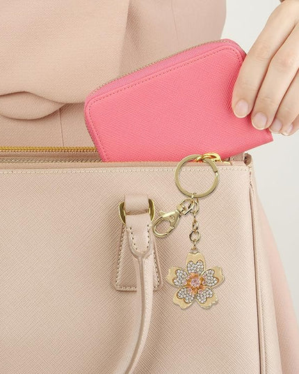 Flower Keychain - Gold 3D Sparkling Charm Rhinestones Fashionable Stylish Metal Alloy Durable Key Ring Bling Crystal Jewelry Accessory with Clasp for Key Chain, Bag, Purse, Backpack, Handbag