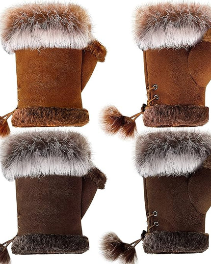 SATINIOR Women Fur Fingerless Gloves Winter Rabbit Fur Lined Half Finger Mittens for Women Girls Teen Working Writing
