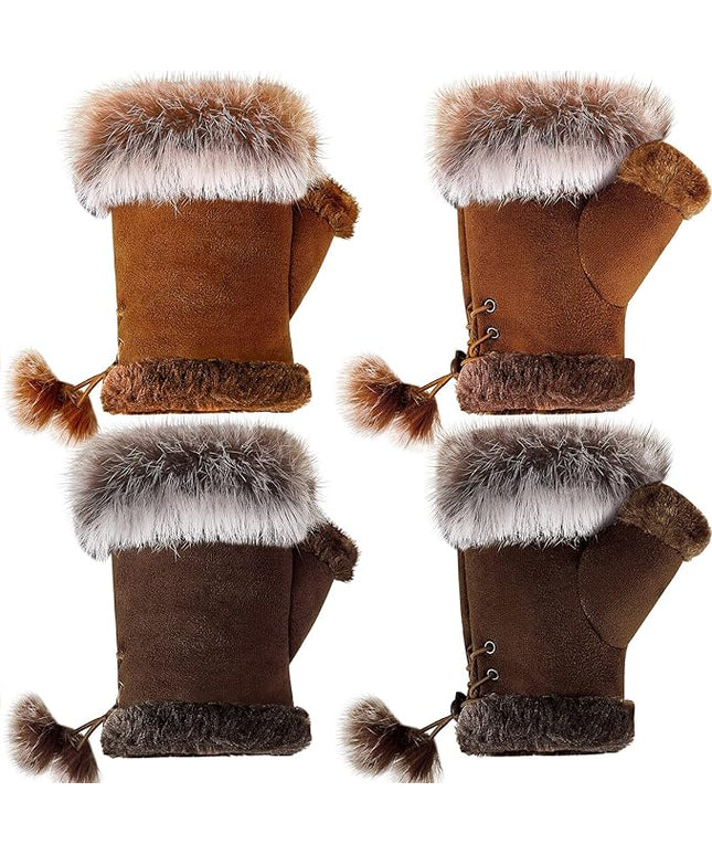 SATINIOR Women Fur Fingerless Gloves Winter Rabbit Fur Lined Half Finger Mittens for Women Girls Teen Working Writing