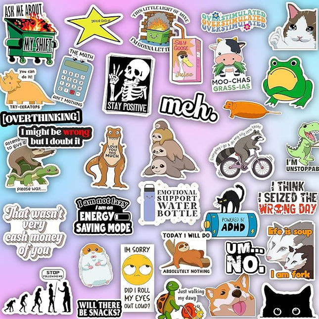 225PCS Funny Holographic Stickers for Adults by Puraesla, Waterproof Vinyl Pack Sarcastic Relatable Meme Decals for Laptop, Water Bottle, Phone, Kindle, Journal, Scrapbooking (Hot Mess Xpress)