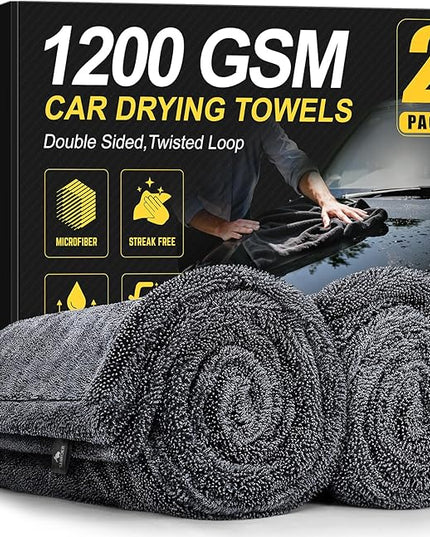 2-Pack 1200 GSM Car Drying Towels – Microfiber Towels for Cars (36" x 24"), Ultra-Absorbent, Streak-Free, Scratch-Free, No Water Spots, Double-Twist Pile & Edgeless Design