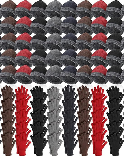 Suhine 40/110 Pcs Winter Hats and Gloves Bulk for Men Women Fleece Lined Beanie & Glove Set Unisex Hats Gloves for Homeless