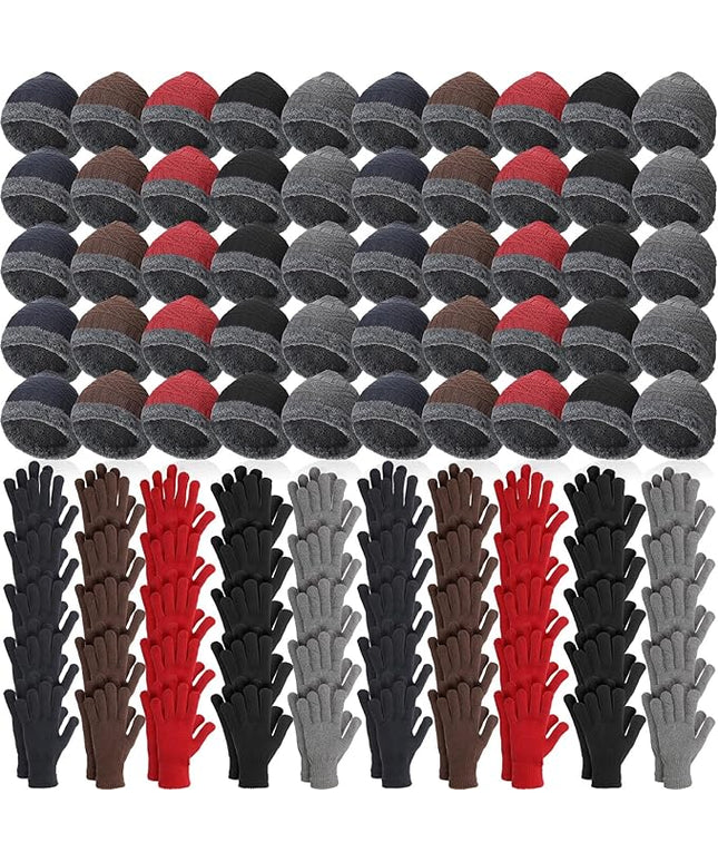 Suhine 40/110 Pcs Winter Hats and Gloves Bulk for Men Women Fleece Lined Beanie & Glove Set Unisex Hats Gloves for Homeless