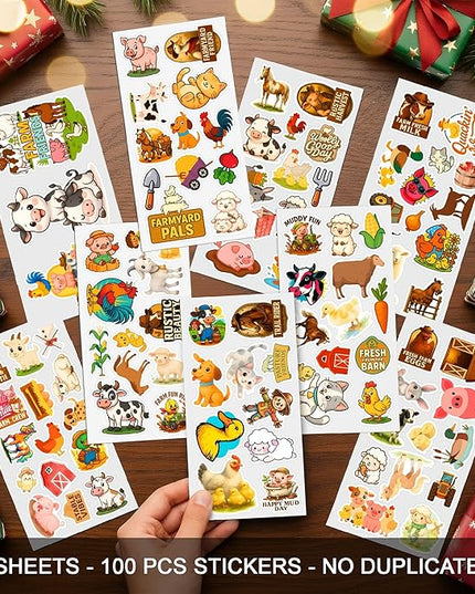 100 PCS Farm Animal Stickers Pack, Vinyl Waterproof Cartoon Decals of Cow Pig Dog Cat Horse Chicken Decals for Laptop Water Bottle Scrapbook Car, Gift for Students, Teens, Adults