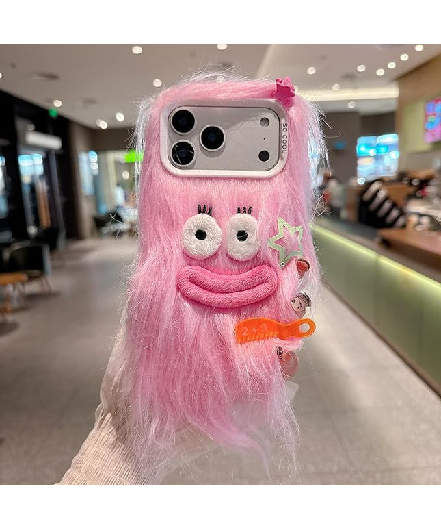 for iPhone 17 Pro Max Case,Funny and Silly Weird Furry Phone Cases [DIY Long Hair with Hairclip] Ugly Phone Case Swap Challenge Gifts with Friends (Pink)