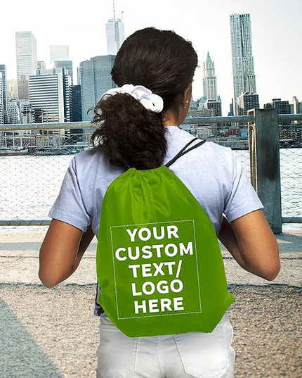 DISCOUNT PROMOS Custom Classic Polyester Drawstring Bagpack Set of 10/50/100, Personalized Bulk Pack - Great for Travelling, Gym and for Everyday Use - Lime Green