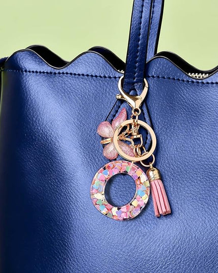 Fashion Alphabet Initial Letter Keychain Tassel Butterfly Pendant Key Ring for Purse Handbags Women Girl