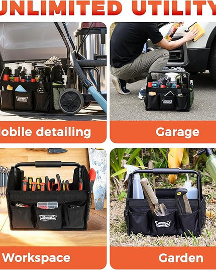Detailing Caddy Organizer with Handle - Storage, Cars, & Cleaning Caddy for Supplies, Tools, & Home Improvement - Heavy Duty Car Detailing Supplies With Multi-Pockets & Collapsible Tote Design