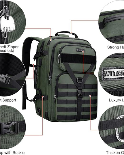 WITZMAN Carry On Travel Backpack for Men Large Convertible 45L Fit 17 Inch Laptop Backpack 3 in 1 Bag for Airline Approved(B688 Army Green)