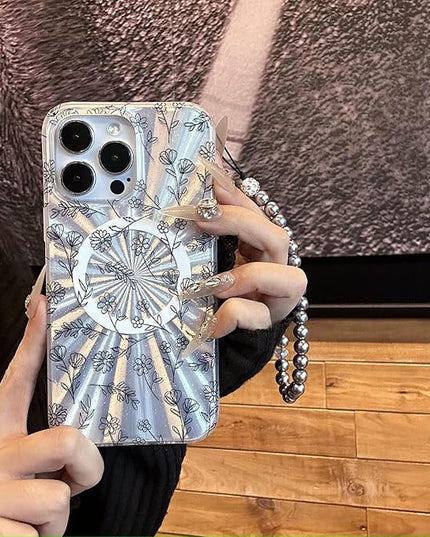 Compatible with iPhone 15 Pro Cases,Cute Flower Phone case with Floral Pearl Chain,Compatible MagSafe Silicone Shockproof Phone case for Women and Teenage Girls.