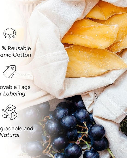 LEAFICO Organic Cotton Reusable Produce Bags - Small 5x7 (12 Pack) - Biodegradable Eco-Friendly Bulk Bin Sacks for Food - Cloth Bags with Drawstrings - Linen Pouch for Fruit, Vegetable Storage
