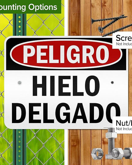 Danger Thin Ice Spanish Sign, 18x24 Inches, 3M EGP Reflective .080 Aluminum, Fade Resistant, Made in USA by My Sign Center