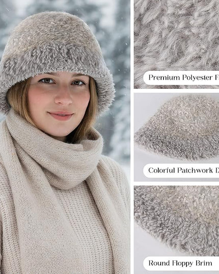 YI HENG MEI Women Knit Bucket Hat, Fluffy Winter Fisherman Hat Fuzzy Soft Warm Beanie Caps Women Cloche Caps Warm Bowler Hats