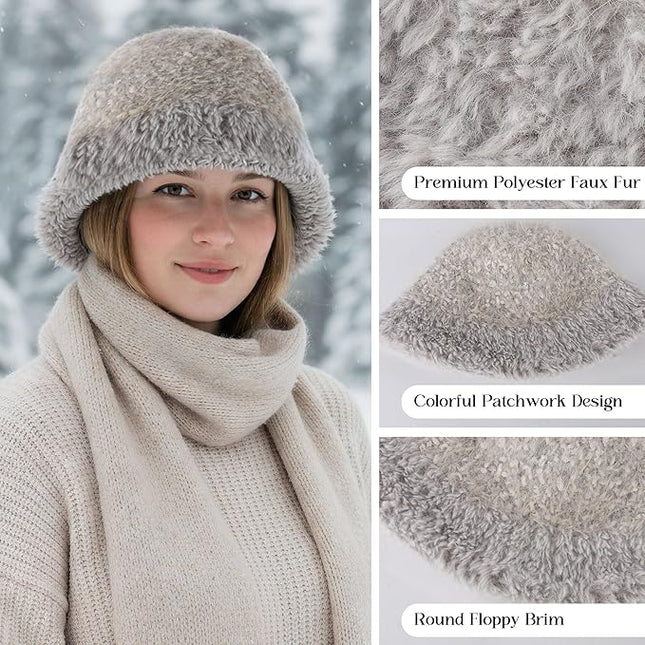 YI HENG MEI Women Knit Bucket Hat, Fluffy Winter Fisherman Hat Fuzzy Soft Warm Beanie Caps Women Cloche Caps Warm Bowler Hats