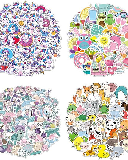Cute Waterproof Stickers for Water Bottles, 4 Themes (Mermaid, Unicorn, Forest Animals, Trendy Icons) 200+ Stickers, 4-6cm Each, Ideal for Laptops, Scrapbooking & Gifts for age13+