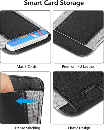 Card Holder for Phone Case, Leather Phone Wallet Stick On, Strongest Adhesive Phones Wallet for iPhone/Android, Minimalist Slim RFID, Fit 7 Cards, Black, 1 Pack