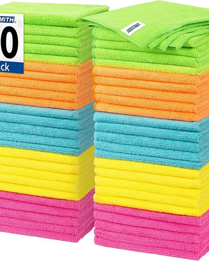 FIXSMITH Microfiber Cleaning Cloth, 50 Pack Cleaning Rags, Cleaning Towels for Housekeeping, Kitchen, Car, Lint-Free, Reusable Shop Towels with 5 Colors (Green/Blue/Yellow/Orange/Pink), 12"X12"