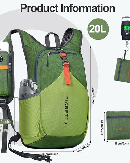 FIORETTO 20L Hiking Backpack for Women Men Mini Packable Backpack Lightweight Small Daypack for Camping Travel Outdoor, Green