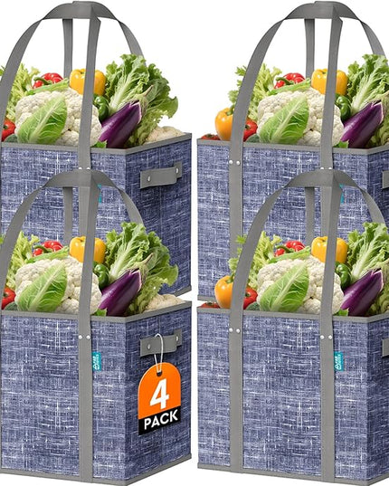 Fab totes Reusable Grocery Bags, Large Foldable Shopping Tote Bags with Reinforced Handles & Hard Bottom,4 Pack,Blue